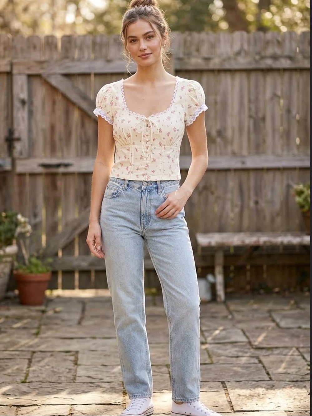 Mine Women's Cream Floral Lace-Trim Peasant Top - Pink Rose Print